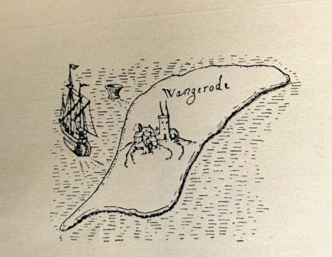 Wangerooge mit altem Westturm, Kartenausschnitt 1599, nach Sello, Östringen Rüstringen, S. 129 , Original im Landesarchiv Oldenburg. Man erkennt den mächtigen Turm mit seinen zwei Spitzen.